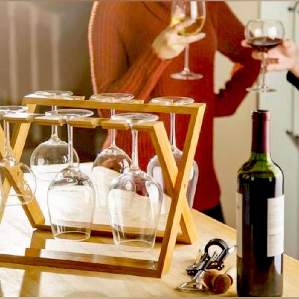 Bamboo Wine Glass Holder Rack: Foldable kitchen Organizer to Hold 6 Glasses